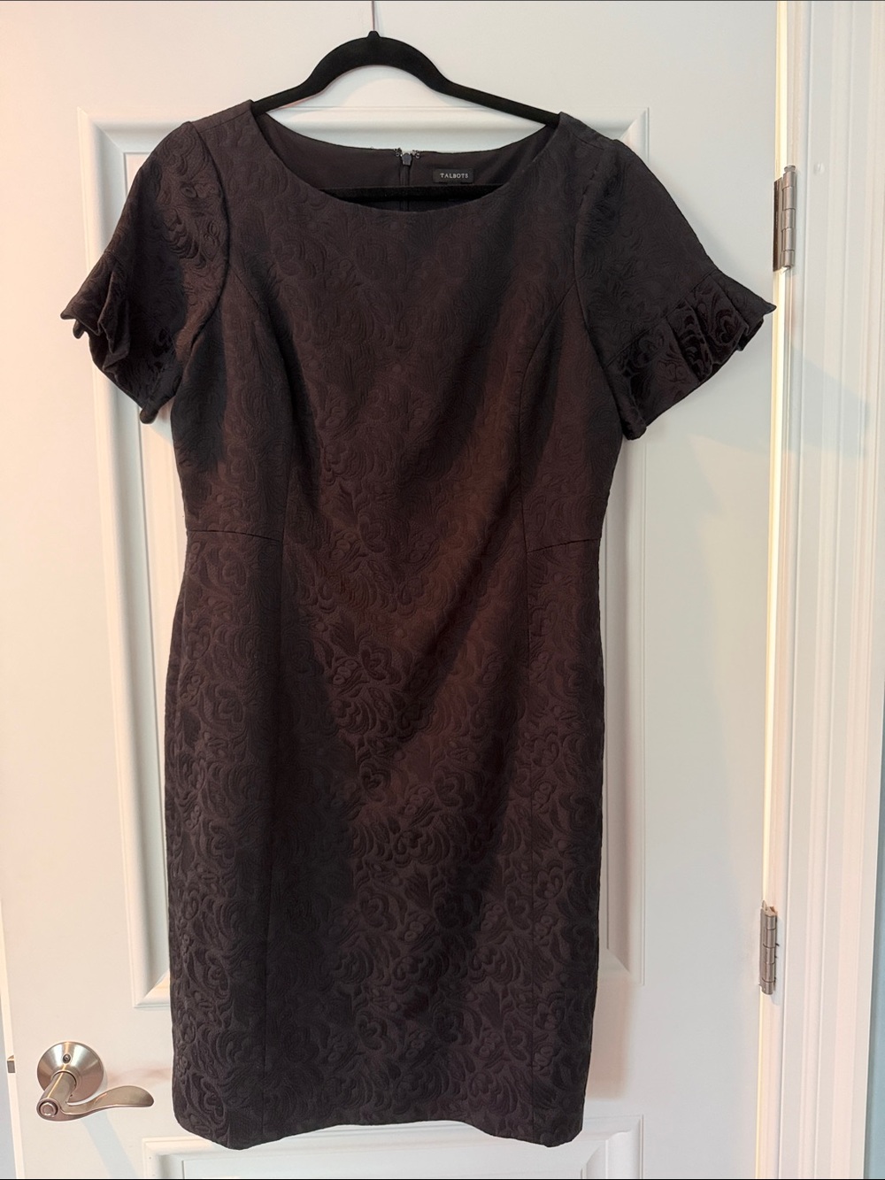 Talbots, Tailored Black Shirt Sleeve Jacquard Sheath Dress, Black, Size 12